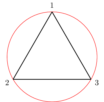 Triângulo equilátero com nodes nos vértices e uma circunferência circunscrita